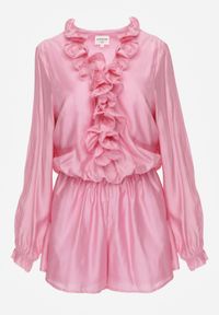 Renee - Różowy Krótki Kombinezon z Falbankami i Bufiastymi Rękawami Danathise. Kolor: różowy. Materiał: materiał, poliester. Długość: krótkie. Styl: elegancki #8