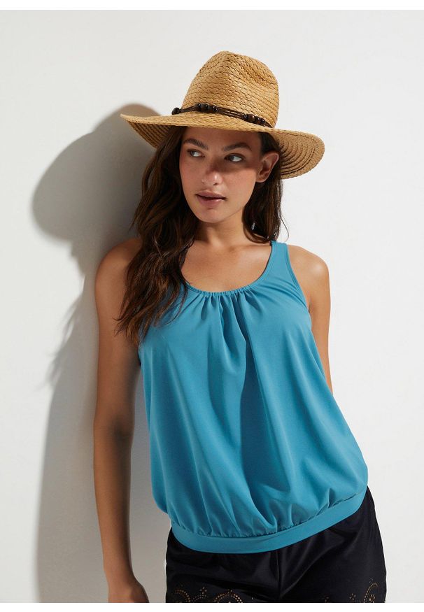 bonprix - Top tankini oversize w bombkowym fasonie. Kolor: niebieski. Materiał: poliamid