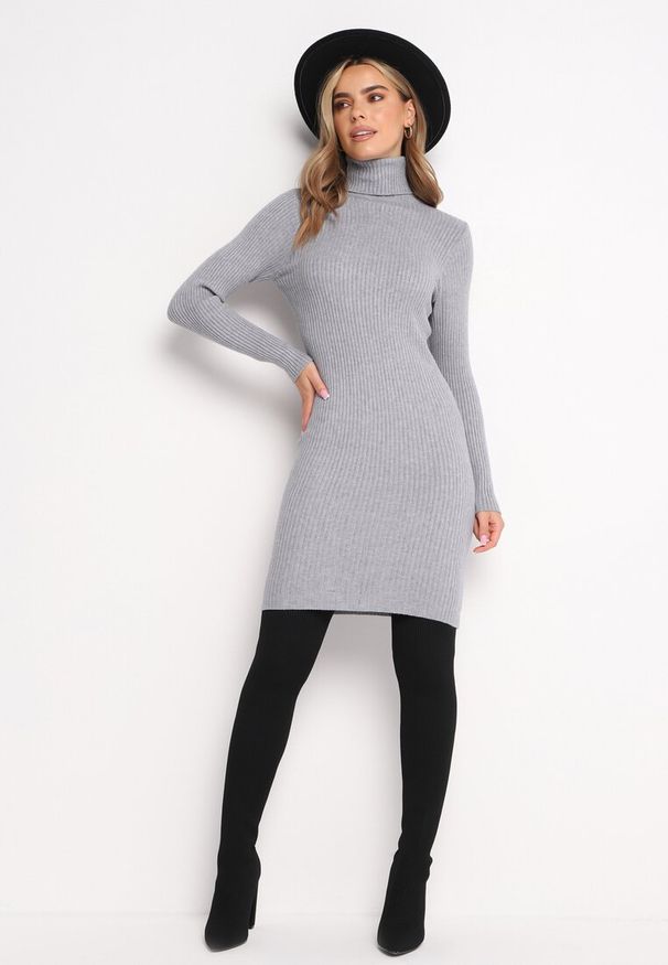 Born2be - Szara Dopasowana Sukienka Mini z Prążkowanej Dzianiny i Golfem Helmine. Typ kołnierza: golf. Kolor: szary. Materiał: dzianina, prążkowany. Długość rękawa: długi rękaw. Długość: mini