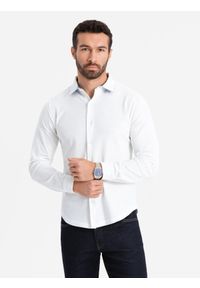 Ombre Clothing - Dzianinowa koszula męska SLIM FIT z długim rękawem – biała V1. Kolor: biały. Materiał: dzianina. Długość rękawa: długi rękaw. Długość: długie #3