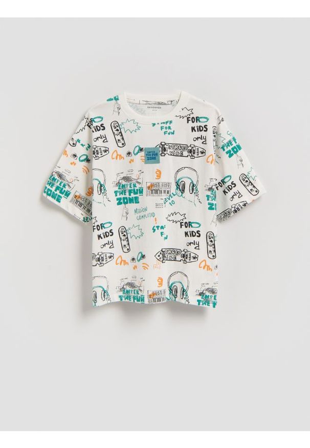 Reserved - Bawełniany t-shirt z nadrukiem - złamana biel. Materiał: bawełna. Wzór: nadruk