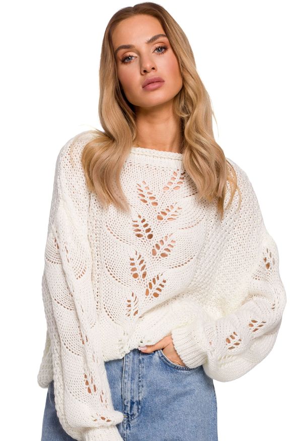 MOE - Sweter Oversize z Ażurowym Wzorem - Ecru. Materiał: poliamid, akryl. Wzór: ażurowy