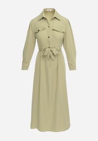 Born2be - Jasnozielona Rozkloszowana Sukienka Maxi z Koszulową Górą i Wiązanym Paskiem Indiga. Kolor: zielony. Materiał: materiał. Wzór: jednolity. Typ sukienki: koszulowe. Długość: maxi #7