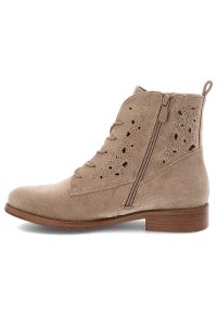 Beżowe Botki S.Barski Stylowe Ażurowe Obuwie Damskie. Zapięcie: sznurówki. Kolor: beżowy. Materiał: zamsz, materiał. Szerokość cholewki: normalna. Wzór: ażurowy. Obcas: na obcasie. Styl: elegancki. Wysokość obcasa: średni #7