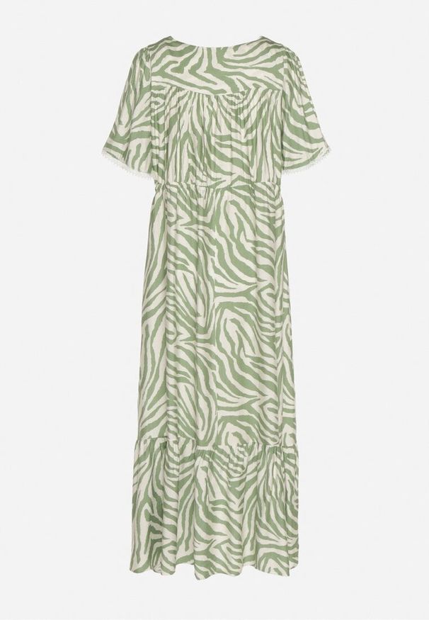 Born2be - Jasnozielona Sukienka z Bawełny i Wiskozy w Abstrakcyjne Paski ze Sznurkiem w Talii Navarae. Okazja: na co dzień. Kolor: zielony. Materiał: bawełna, wiskoza. Wzór: paski. Typ sukienki: proste. Styl: wizytowy, casual