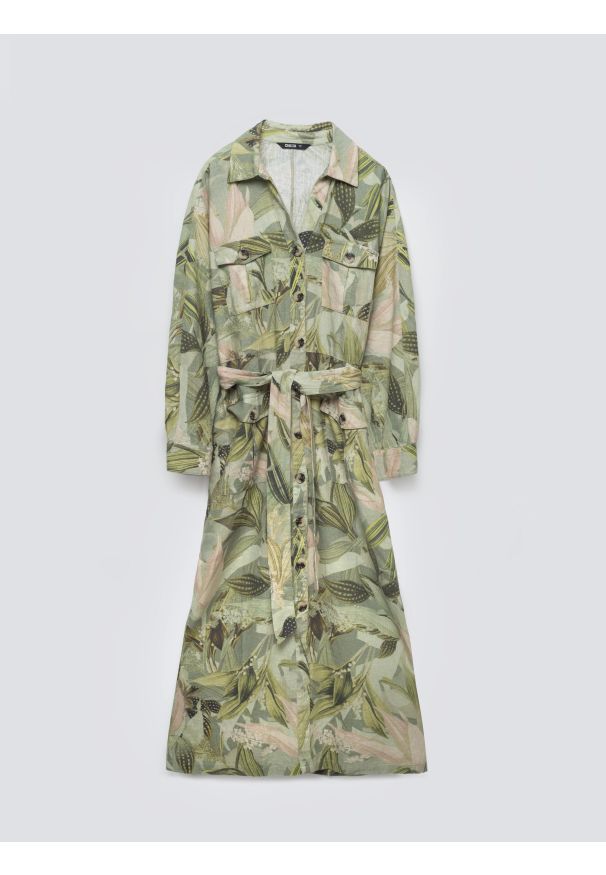 Big-Star - Sukienka damska midi lniana z wiązaniem w pasie zielona Jala 301. Okazja: na co dzień. Kolor: zielony. Materiał: len. Długość rękawa: długi rękaw. Sezon: wiosna, lato. Typ sukienki: proste. Styl: casual, elegancki. Długość: midi