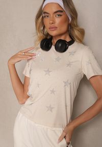 Renee - Beżowy T-shirt z Bawełny Zdobiony Gwiazdkami z Cyrkonii Tenenisa. Okazja: na co dzień. Kolor: beżowy. Materiał: bawełna. Wzór: aplikacja. Styl: elegancki, casual #5