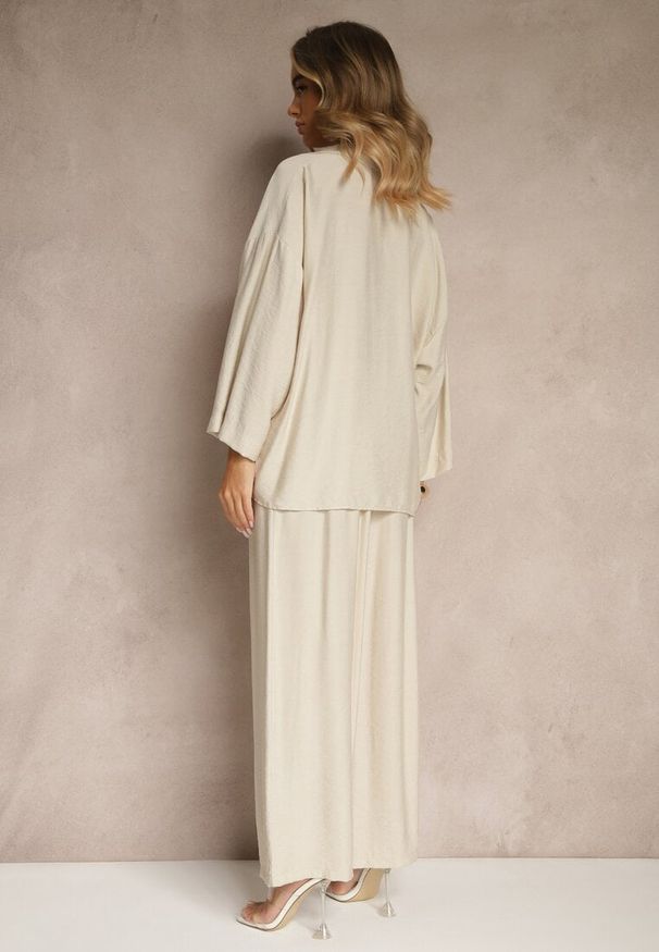 Renee - Beżowy Wiskozowy Komplet Oversize Koszula i Spodnie Wide Leg Zierana. Kolor: beżowy. Materiał: wiskoza