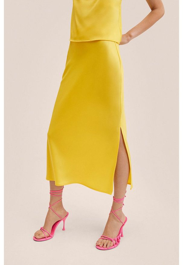 mango - Mango spódnica Brillant kolor żółty midi prosta. Okazja: na co dzień. Kolor: żółty. Materiał: tkanina, włókno. Wzór: gładki. Styl: casual