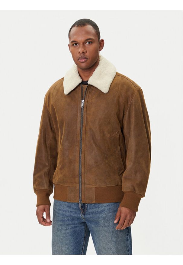 BOSS Kurtka skórzana Jonier 50547567 Beżowy Relaxed Fit. Kolor: beżowy. Materiał: skóra