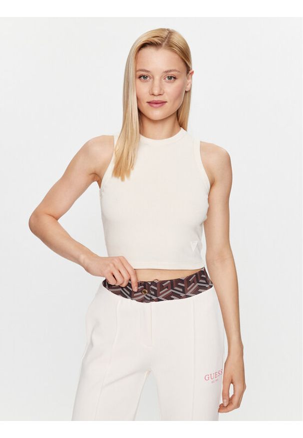 Guess Top V3GP19 K8RT2 Beżowy Slim Fit. Kolor: beżowy. Materiał: wiskoza