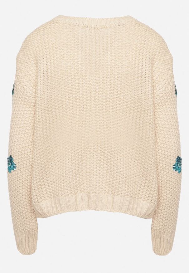 Born2be - Beżowy Sweter z Tłoczonej Dzianiny z Wiskozą Zdobiony Cekinowymi Kwiatami Edamara. Okazja: na co dzień. Kolor: beżowy. Materiał: wiskoza, dzianina. Długość rękawa: długi rękaw. Długość: długie. Wzór: aplikacja, kwiaty. Styl: klasyczny, wizytowy, casual