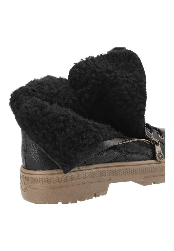 Czarne Botki Rieker Modne Obuwie Damskie. Okazja: na co dzień, na spacer. Zapięcie: sznurówki. Kolor: czarny. Materiał: skóra ekologiczna, guma. Styl: casual