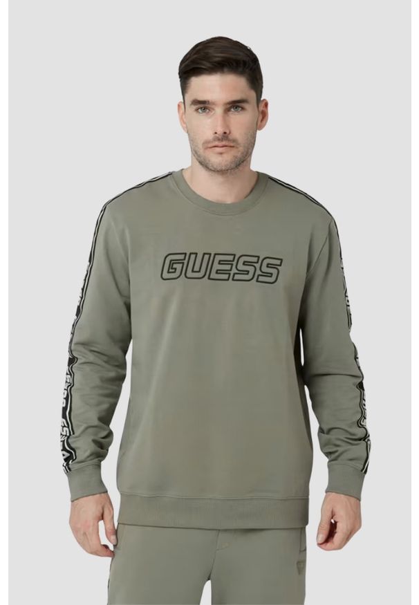 Guess - GUESS Zielona męska bluza z lampasami Arlo Cn. Kolor: zielony