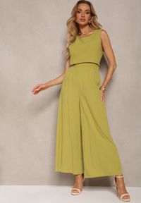Renee - Jasnozielony Komplet z Bawełny Spodnie Culottes i Luźny Top Tinelia. Kolor: zielony. Materiał: bawełna. Wzór: aplikacja