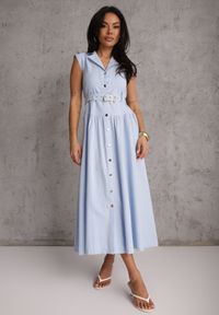 Renee - Niebieska Bawełniano-Wiskozowa Sukienka Koszulowa Bez Rękawów z Paskiem Athithoe. Okazja: na co dzień. Kolor: niebieski. Materiał: wiskoza, bawełna. Długość rękawa: bez rękawów. Typ sukienki: koszulowe. Styl: casual, elegancki #7