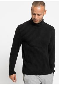 bonprix - Sweter z golfem, z prążkowanej bawełny z recyklingu. Typ kołnierza: golf. Kolor: czarny. Materiał: prążkowany, bawełna. Wzór: prążki #1