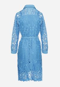 Born2be - Niebieska Ażurowa Sukienka Koszulowa Mini z Wiązanym Paskiem Jolira. Kolor: niebieski. Materiał: tkanina, materiał. Wzór: ażurowy. Typ sukienki: koszulowe. Długość: mini #6