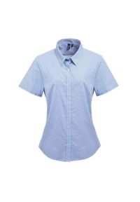 PREMIER - Damska Bawełniana Koszula Z Krótkim Rękawem W Kratkę Micro Gingham. Kolor: biały, niebieski, wielokolorowy. Materiał: bawełna. Długość rękawa: krótki rękaw. Długość: krótkie. Wzór: kratka