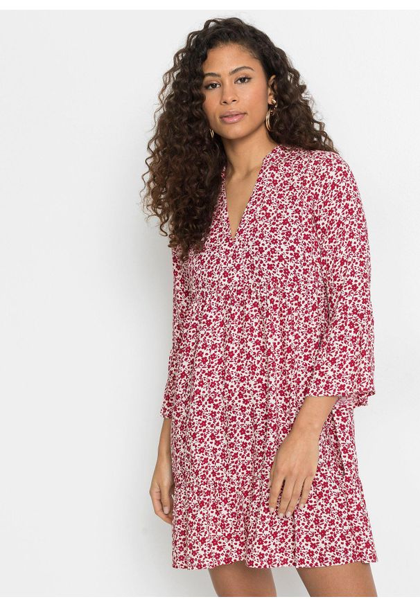 bonprix - Sukienka mini z falbanami, z lejącej wiskozy. Typ kołnierza: dekolt w serek. Kolor: biały. Materiał: wiskoza. Długość: mini