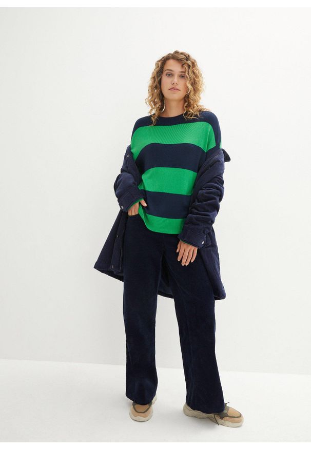 bonprix - Sweter z okrągłym dekoltem, w szerokie paski. Kolor: zielony. Wzór: paski