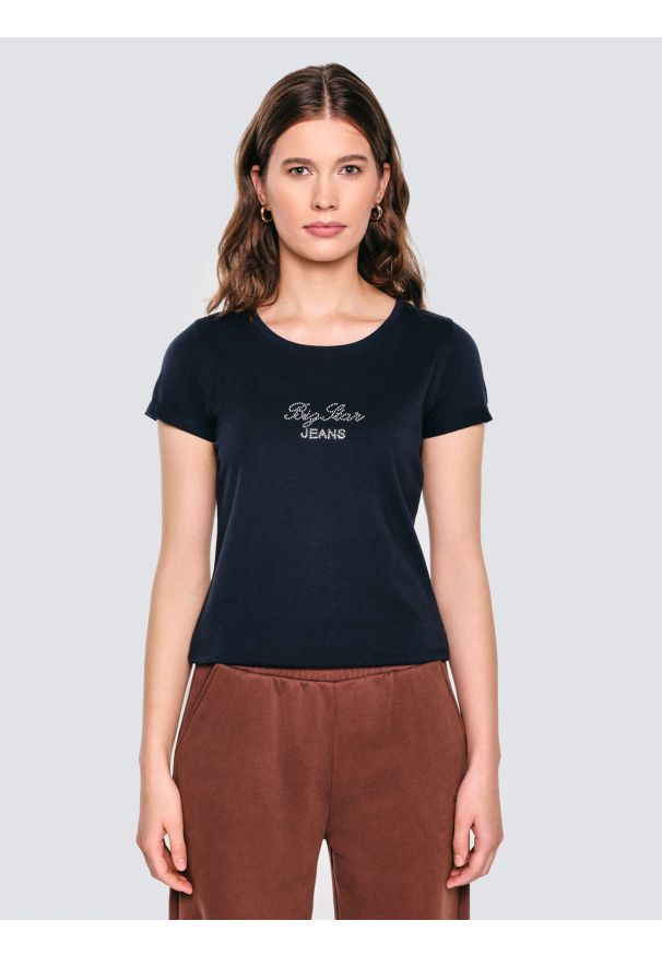 Big-Star - Koszulka damska z napisem z cyrkonii granatowa Malvina 403. Okazja: na co dzień. Kolor: niebieski. Materiał: dzianina, jeans, bawełna. Wzór: napisy. Styl: elegancki, casual, klasyczny