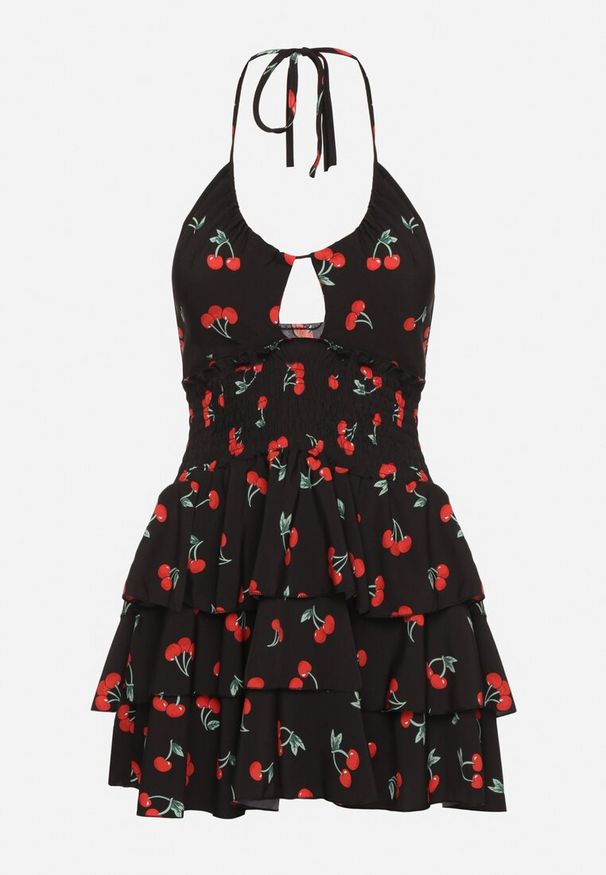 Born2be - Czarna Rozkloszowana Sukienka w Wisienki z Falbankami i Dekoltem Halter Lanideia. Okazja: na spacer, na co dzień, na imprezę. Typ kołnierza: dekolt halter, kołnierz z falbankami. Kolor: czarny. Materiał: bawełna. Sezon: lato. Typ sukienki: rozkloszowane. Styl: casual