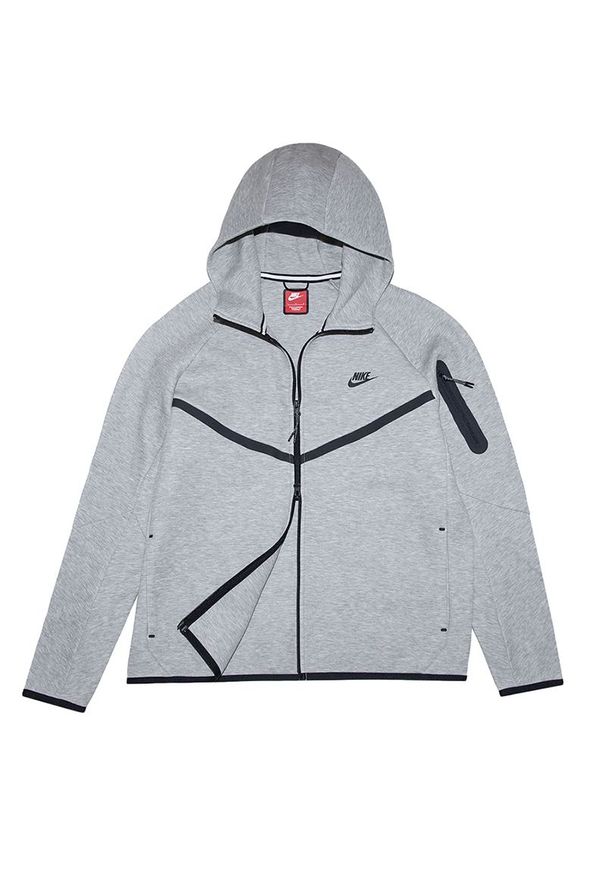 Bluza męska Nike Tech Fleece Windrunner Full-Zip HV0949-063 - szara. Okazja: na co dzień. Typ kołnierza: kaptur. Kolor: szary. Materiał: tkanina, materiał, dresówka, poliester, bawełna. Długość rękawa: raglanowy rękaw. Wzór: aplikacja. Styl: casual, klasyczny, sportowy. Sport: fitness