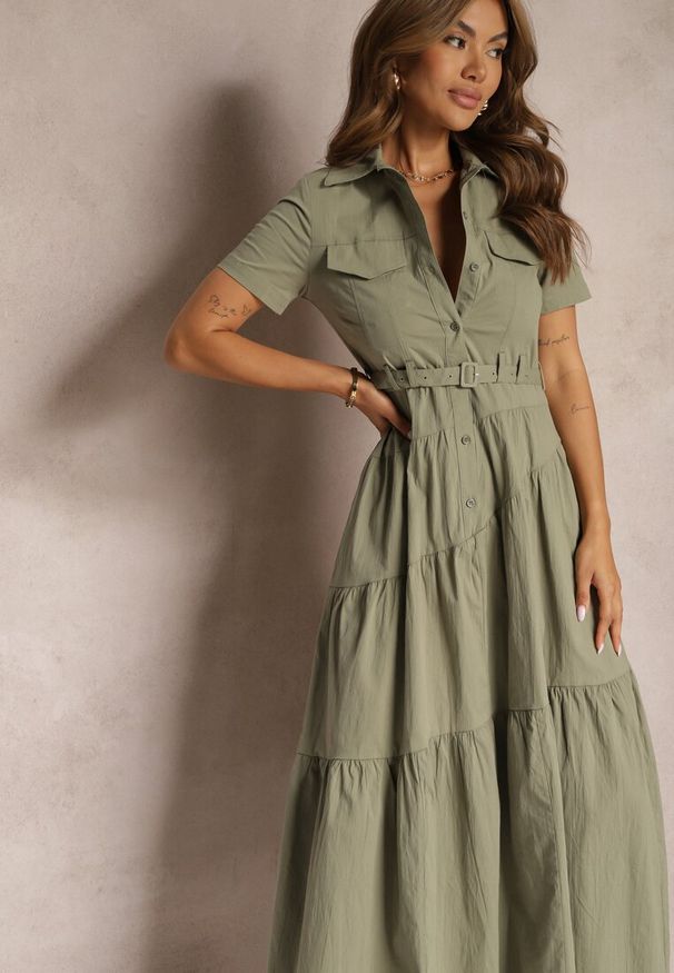Renee - Zielona Bawełniana Sukienka o Rozkloszowana Zwężana w Talii Nenefia. Okazja: na co dzień. Kolor: zielony. Materiał: bawełna. Styl: casual