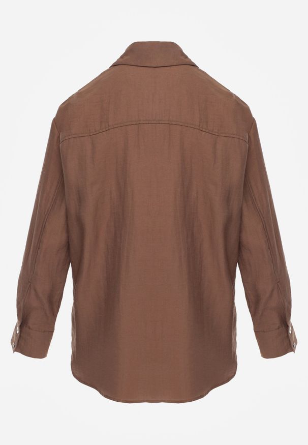 Born2be - Brązowa Koszula Oversize z Wiskozą i Lnem Zdobiona Nieregularnymi Guzikami Inisera. Okazja: do pracy, na co dzień. Typ kołnierza: kołnierzyk klasyczny. Kolor: brązowy. Materiał: wiskoza, len. Długość: długie. Wzór: aplikacja. Styl: elegancki, klasyczny, casual