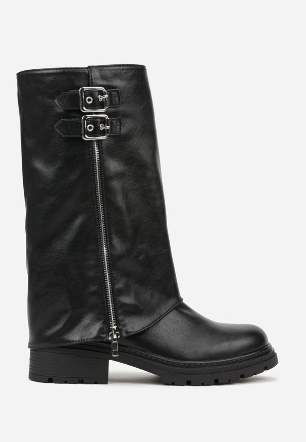 Renee - Czarne Botki z Wywiniętą Cholewką Zdobioną Suwakiem i Sprzączkami Eevea. Okazja: na co dzień. Zapięcie: sprzączka. Kolor: czarny. Materiał: jeans, skóra. Szerokość cholewki: normalna. Wzór: aplikacja. Styl: casual