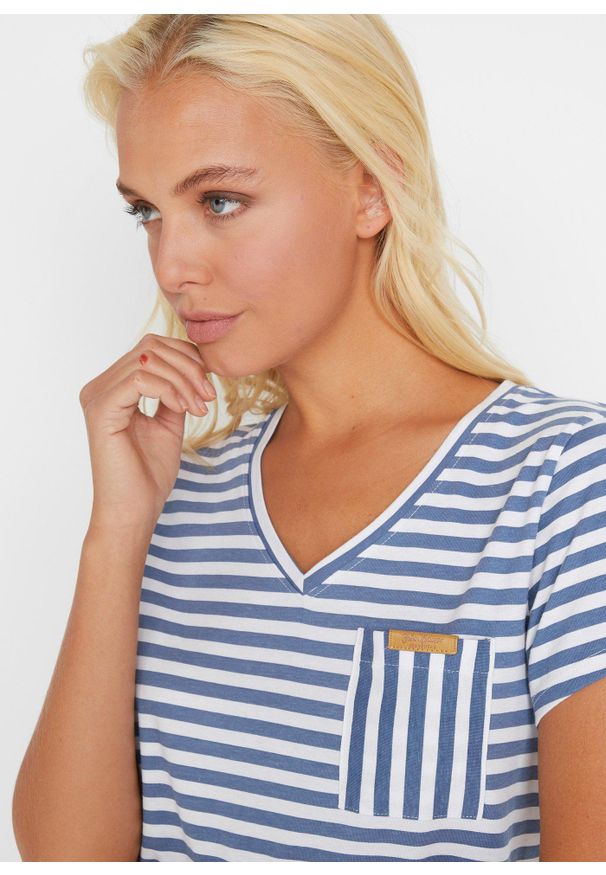 bonprix - T-shirt w paski. Okazja: na co dzień. Kolor: niebieski. Wzór: paski. Styl: casual