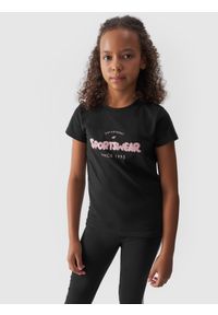 4f - 4F T-shirt z nadrukiem dziewczęcy - czarny 152 (11-12 lat). Okazja: na co dzień. Kolor: czarny. Materiał: dzianina, bawełna, jersey. Długość rękawa: krótki rękaw. Długość: krótkie. Wzór: nadruk. Sezon: lato. Styl: klasyczny, sportowy, casual