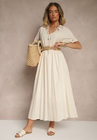 Renee - Beżowa Bawełniana Sukienka w Stylu Boho z Kieszonkami Orrane. Typ kołnierza: dekolt w kształcie V. Kolor: beżowy. Materiał: bawełna. Wzór: haft. Sezon: lato. Styl: boho