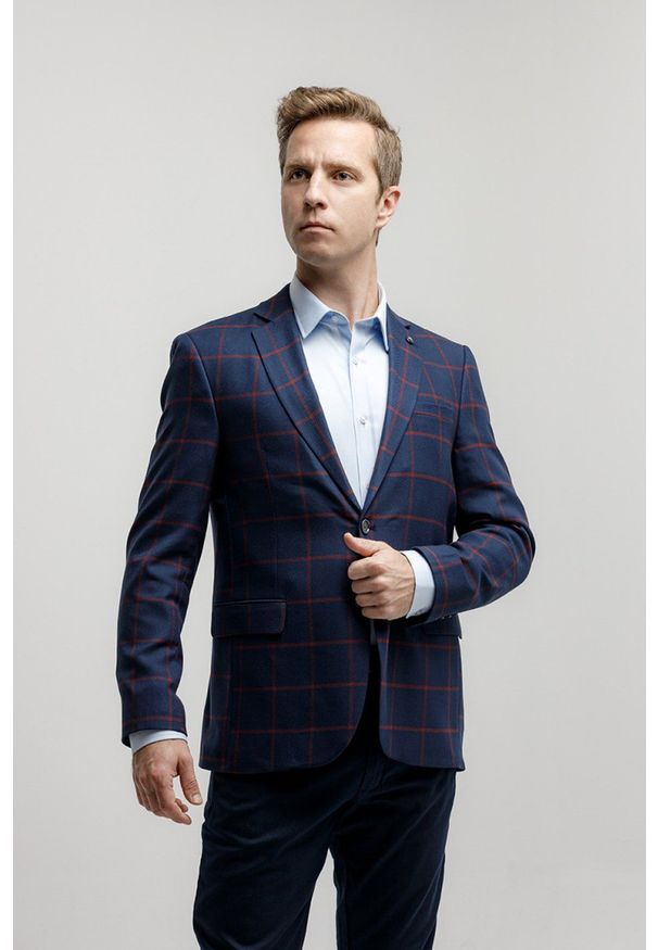 Victorio - Marynarka, Granatowo-Bordowa w Kratkę, Casualowa, Taliowana, 2 Guziki, Dwa Rozcięcia, Slim -VICTORIO. Okazja: na co dzień. Kolor: niebieski. Materiał: poliester. Wzór: kratka. Styl: casual