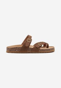 Born2be - Brązowe Klapki Japonki na Korkowej Podeszwie Zdobione Klamrami Idaliora. Okazja: na plażę. Kolor: brązowy. Materiał: jeans. Wzór: aplikacja. Sezon: lato #6