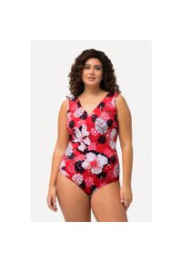 ULLA POPKEN - Damski Kostium kąpielowy hawajskie kwiaty miękkie miseczki dekolt w serek. Kolekcja: plus size. Kolor: czerwony. Materiał: elastan, poliamid, materiał. Wzór: kwiaty