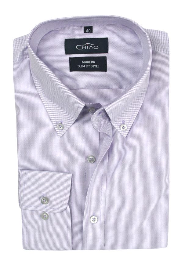 Chiao - Męska, Taliowana Koszula Slim-Fit, Długi Rękaw - 100% BAWEŁNA- Liliowa. Okazja: na spotkanie biznesowe, do pracy. Kolor: liliowy, biały. Materiał: bawełna. Długość rękawa: długi rękaw. Długość: długie. Wzór: aplikacja. Styl: elegancki, biznesowy