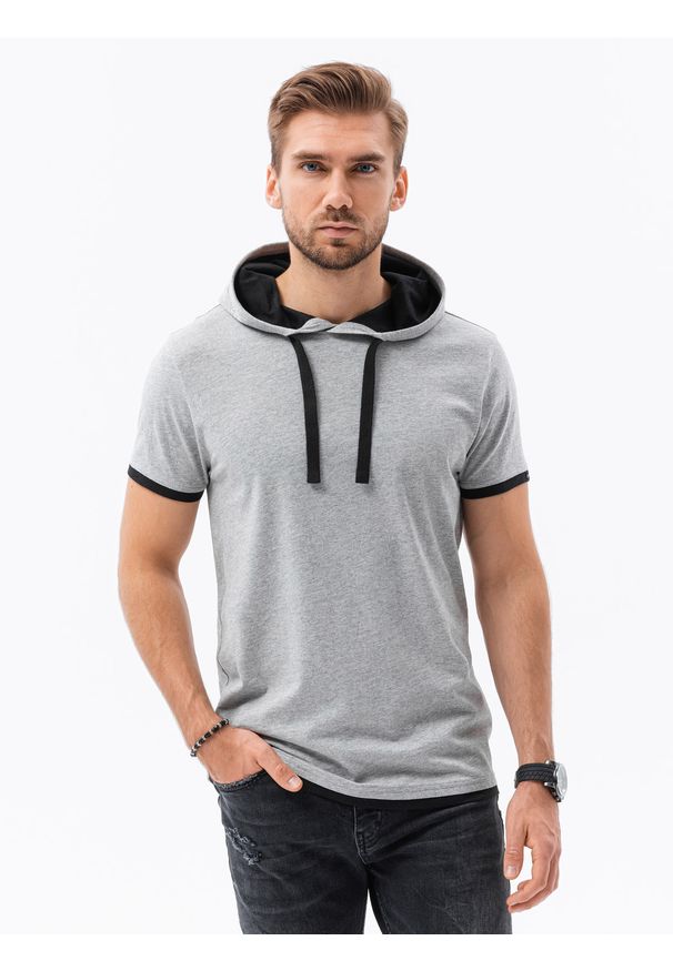 Ombre Clothing - T-shirt męski z kapturem bez nadruku S1376 - szary melanż - XXL. Okazja: na co dzień. Typ kołnierza: kaptur. Kolor: szary. Materiał: jersey, dzianina, bawełna. Wzór: melanż. Styl: casual, klasyczny