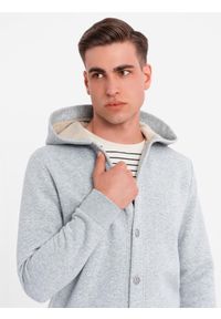 Ombre Clothing - Męska dresowa bluza z kapturem zapinana na guziki – szary melanż V2 - Rozmiar: S. Typ kołnierza: kaptur. Kolor: szary. Materiał: dresówka. Wzór: melanż. Styl: elegancki #3