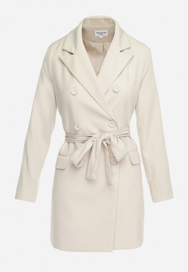 Born2be - Beżowa Sukienka o Fasonie Marynarki Dwurzędowa z Poduszkami w Ramionach i Paskiem Sinseli. Kolor: beżowy