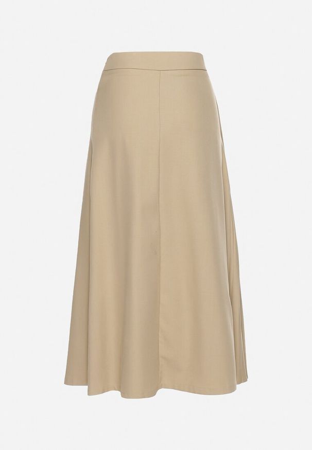 Born2be - Beżowa Rozkloszowana Spódnica Midi Plisowana z Klamerką Faelannia. Kolor: beżowy. Styl: elegancki