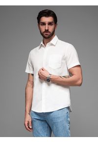 Ombre Clothing - Męska koszula z lnu i bawełny z krótkim rękawem i kieszonką – złamana biel V1 OM-SHSS-0167 - XXL. Materiał: bawełna, len. Długość rękawa: krótki rękaw. Długość: krótkie. Sezon: lato #5