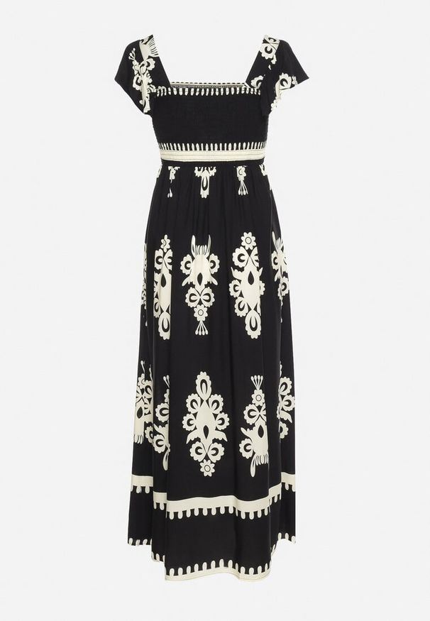 Born2be - Czarna Boho Sukienka z Wiskozy na Szerokich Ramiączkach z Gumkami w Pasie i Falbanką Cleria. Okazja: na co dzień. Kolor: czarny. Materiał: wiskoza. Długość rękawa: na ramiączkach. Styl: boho