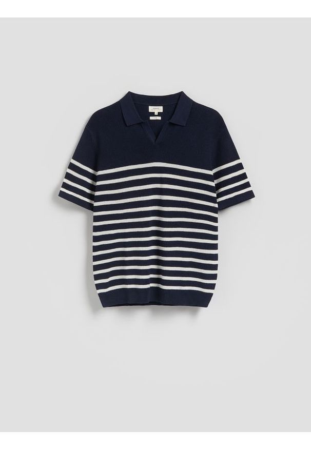 Reserved - Koszulka polo z dodatkiem lnu - granatowy. Typ kołnierza: polo. Kolor: niebieski. Materiał: len