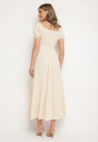 Born2be - Jasnobeżowa Rozkloszowana Sukienka z Dekoltem Typu Hiszpanka z Marszczeniem Lumorice. Okazja: na co dzień. Typ kołnierza: dekolt hiszpanka. Kolor: beżowy. Styl: casual, elegancki #5