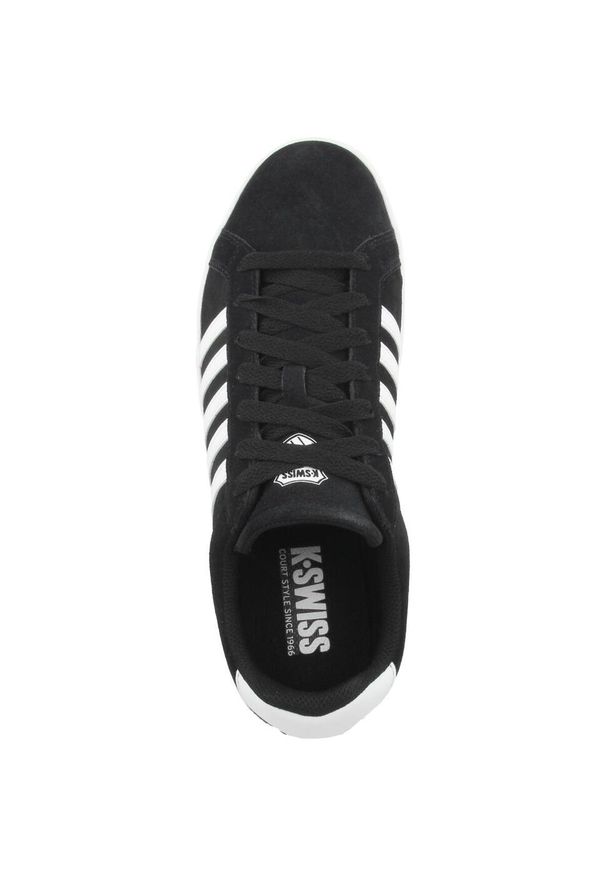 Buty do chodzenia męskie K-Swiss Court Tiebreak Sde. Zapięcie: sznurówki. Kolor: czarny. Materiał: zamsz, materiał, skóra. Szerokość cholewki: normalna. Sport: turystyka piesza