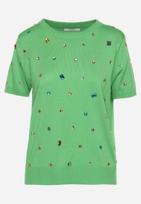Born2be - Zielony Wiskozowy T-shirt Ozdobiony Cyrkoniami Nililena. Okazja: na co dzień. Typ kołnierza: dekolt w łódkę. Kolor: zielony. Materiał: wiskoza. Wzór: aplikacja. Styl: klasyczny, casual, elegancki, wizytowy #3