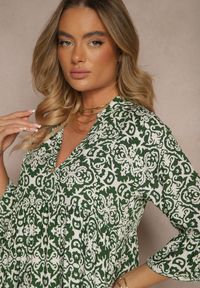 Renee - Zielona Rozkloszowna Sukienka z Bawełny w Ornamentalny Wzór z Falbaną Lanariella. Typ kołnierza: kołnierz z falbankami. Kolor: zielony. Materiał: bawełna. Typ sukienki: rozkloszowane #4