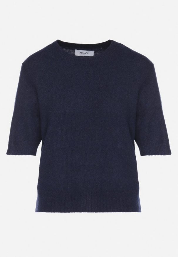 Born2be - Granatowy Sweter z Wełną i Krótkim Rękawem Turosa. Okazja: na co dzień. Kolor: niebieski. Materiał: wełna. Długość rękawa: krótki rękaw. Długość: krótkie. Styl: klasyczny, casual, elegancki